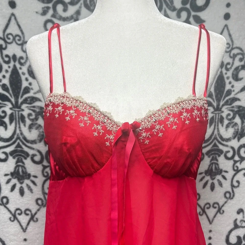 Cinema Etoile Seductive Wear Red Embroidered Lace Babydoll Chemise Large RN79862